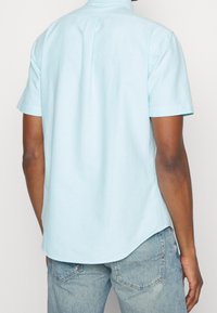 Světle modrá košile s krátkým rukávem, bavlněná tkanina, zakřivený lem, detail sklady na zadní straně, neformální design s hladkou texturou a bez viditelných vzorů.