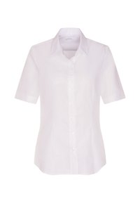 Chemise blanche à manches courtes avec col, coupe ajustée et sept boutons blancs sur le devant.