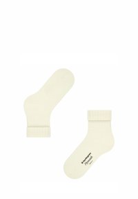 Calzini di cotone color crema con un polsino a costine, caratterizzati da una texture liscia e senza motivi o accenti visibili. Logo del brand esposto.