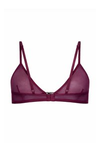 Soutien-gorge bralette bordeaux profond transparent avec fines bretelles réglables et fermeture à agrafe dans le dos.