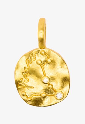 Złoty wisiorek przedstawiający konstelację Ryb, z teksturowaną powierzchnią i dwoma osadzonymi przezroczystymi kamieniami reprezentującymi gwiazdy.