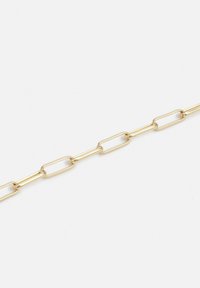 Guldarmband i kedja gjort av länkade ovala metallstycken, med en slät yta och polerad finish. Enhetlig bredd genom hela armbandet.