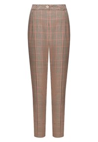 Pantalon taille haute sur mesure avec un petit motif pied-de-poule beige, noir et rouge, avec des plis devant et une fermeture à un bouton à l'avant.