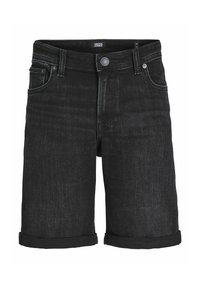 Shorts en denim noir avec une coupe droite, des ourlets retroussés, une fermeture à bouton à l'avant et un design à cinq poches. Le tissu a une texture lisse et robuste.