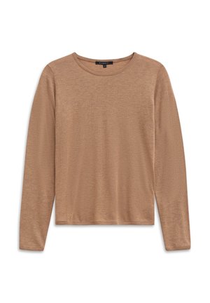 Light brown women's long-sleeve crew neck sweater, plain knit fabric, slim fit, small black size label inside collar.