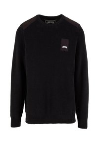 Maglione nero a maglia con polsini e orlo a coste. Presenta pannelli a contrasto sulle spalle e una piccola toppa con logo sul davanti.