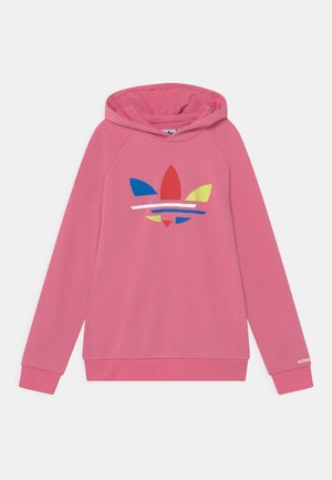 Pink hoodie with a front kangaroo pocket, drawstring hood, and a multicolored logo featuring blue, red, yellow, and white accents.