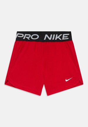 Shorts de sport rouges en tissu doux, dotés d'une taille noire avec "PRO NIKE" en texte gris et d'un petit logo Nike blanc.