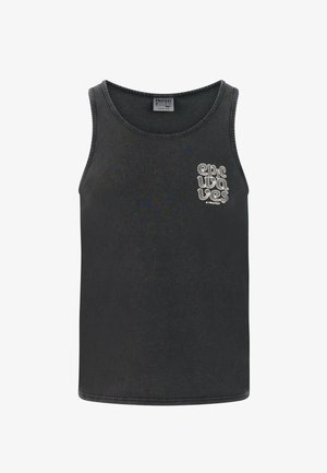 Černý bavlněný top s kulatým výstřihem a bílým grafikou "epic waves" na levé straně. Jednoduchý design bez rukávů.