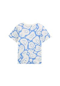 Kurzarm-T-Shirt aus weichem Baumwollstoff, mit einem hellblauen Blob-Muster und lächelnden Gesichtern auf weißem Hintergrund.