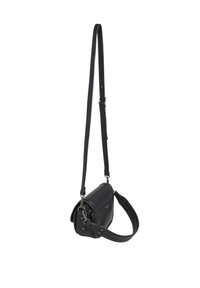 Black leather crossbody bag with adjustable strap, rectangular shape, smooth texture, and metal hardware accents.