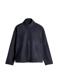 Pull-over bleu marine foncé en tissu polaire doux. Dispose d'un col haut et d'une fermeture éclair sur le devant à mi-hauteur. Coupe ample avec des manches longues.