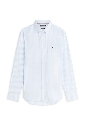 Hellblaues Gingham-Hemd mit langem Arm, Button-Down-Kragen, weißen Knöpfen und kleinem Logo auf der Brust. Baumwollstoff, lockere Passform.