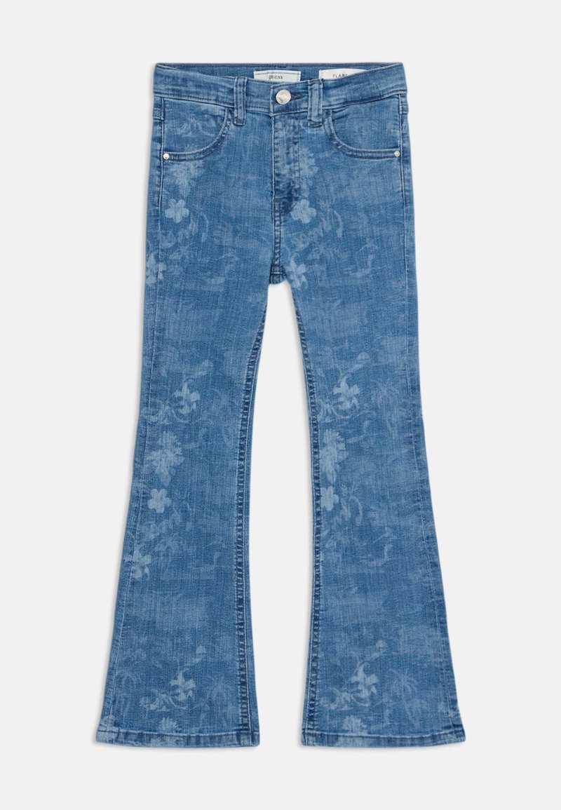 Ljusblå denimbyxor med utsvängd nederdel och blommönster. Har knappstängning, fem fickor och en blekt textur genom hela byxorna.