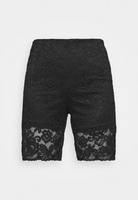 Black lace shorts featuring a floral pattern, close-knit texture, and a slightly sheer lace hem at the bottom.