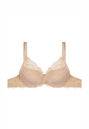 Beżowy stanik koronkowy z kwiatowym wzorem, z wypełnionymi miseczkami i regulowanymi ramiączkami. Charakteryzuje się miękkim satynowym wykończeniem i koronkowym wykończeniem na brzegach.