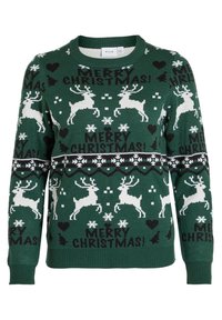 Grön stickad julsweater med vita renar, snöflingor och texten "GOD JUL!" i svart, med ribbad halsringning och ärmslut.