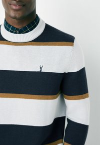 Striped sweater in navy, white, and mustard. Ribbed crew neck, featuring a small logo detail at chest. Soft knit texture.