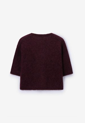 Burgunderfarbener kurzer Pullover aus flauschigem Material, mit kurzen Ärmeln und rundem Halsausschnitt. Weiche Textur und lockerer Schnitt.
