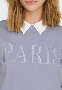 Felpa grigia con ricamo bianco della scritta "PARIS", con una camicia bianca colletto sotto il colletto. Tessuto morbido.