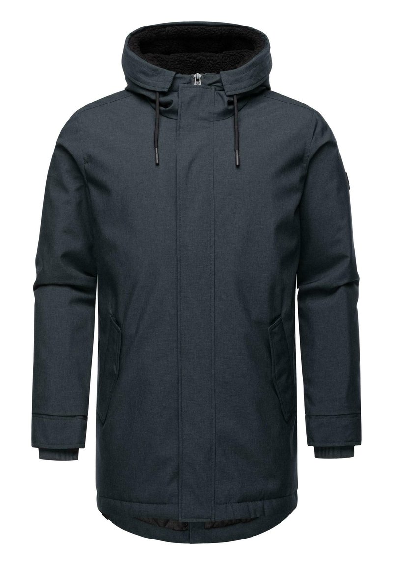 Veste gris foncé avec une capuche, fermeture éclair, deux poches latérales, tissu texturé et poignets côtelés. Doublée d'un matériau noir doux.
