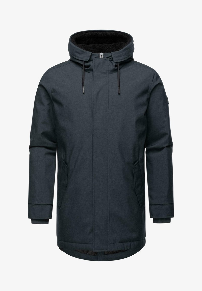 Veste gris foncé avec une capuche, fermeture éclair, deux poches latérales, tissu texturé et poignets côtelés. Doublée d'un matériau noir doux.