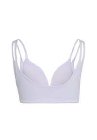Brassière blanche rembourrée avec doubles fines bretelles et décolleté profond, présentée sur fond blanc.