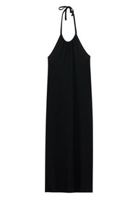 Robe maxi noire côtelée à col licou avec fermeture par nœud au niveau du cou, sans manches et coupe ample.