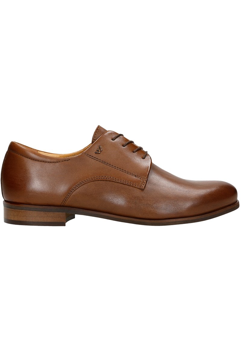 Braune Leder-Dressschuhe mit runder Zehenform, Schnürdesign und minimaler Naht. Sie besitzen ein kleines Logo an der Seite und einen Holzabsatz.