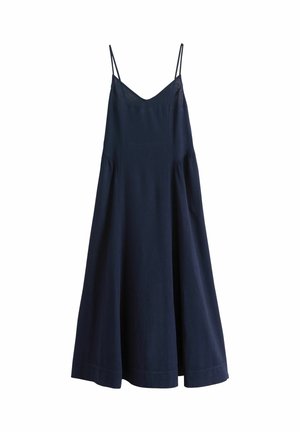 Navyblaues ärmelloses Kleid mit V-Ausschnitt, weiter Silhouette, gerafftem Design und einem Saum, der unten leicht ausgestellt ist.