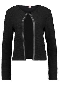 Černá strukturovaná bunda s dlouhými rukávy, kulatým výstřihem a otevřeným předním dílem s kontrastním bílým prošíváním podél okrajů.