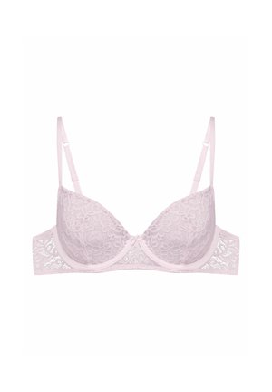 Koronkowy biustonosz w jasnoróżowym kolorze, z fiszbinami, usztywnianymi miseczkami i regulowanymi ramiączkami. Posiada kwiatowy wzór oraz centralny detal w postaci kokardki.