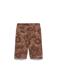 Shorts de vélo en tie-dye marron avec une large ceinture, fabriqués dans un tissu extensible, présentant une texture lisse et un détail de logo subtil.