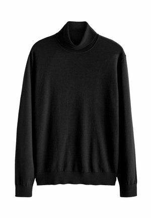 Maglione a collo alto nero realizzato in un tessuto a maglia liscia, con maniche lunghe, colletto alto e vita aderente.