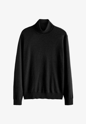 Černý rolák vyrobený z hladké pleteniny, s dlouhými rukávy, vysokým límcem a přiléhavým páskem.