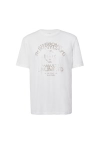 Weißes Baumwoll-T-Shirt mit Textdruck in Hellgrau, Rundhalsausschnitt, kurzen Ärmeln und geradem Saum. Der Text lautet "WUNDERBARE SOMMERTAGE."