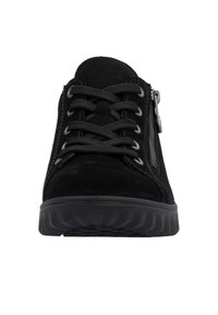 Schwarze Wildlederschuhe mit runder Zehenpartie, Schnürung an der Vorderseite und seitlichem Reißverschluss. Verfügt über eine strukturierte Gummisohle und kontrastierende Nähte.