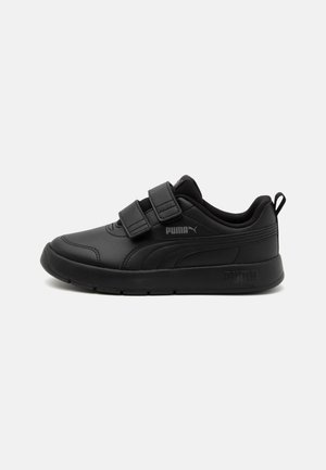 Black athletic shoes with a smooth synthetic upper, dual velcro straps, padded collar, and a textured rubber sole. Features subtle logo.