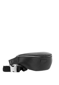Sort læder bumbag med en glat tekstur, udstyret med lynlås, justerbar nylonrem og metallisk spænde. Brandlogo synligt.