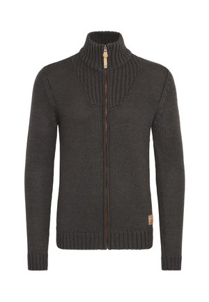 Sötétszürke, kötött, cipzáras pulóver magas gallérral, texturált mintával, bordázott mandzsettákkal és barna cipzárral, bőr akcentussal.