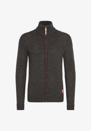 Sötétszürke, kötött, cipzáras pulóver magas gallérral, texturált mintával, bordázott mandzsettákkal és barna cipzárral, bőr akcentussal.