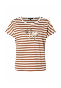 Braun-weiß gestreiftes T-Shirt mit kurzen Ärmeln, Rundhalsausschnitt und einem Paillettendesign eines Palmenbaums auf der Vorderseite. Weicher Baumwollstoff.
