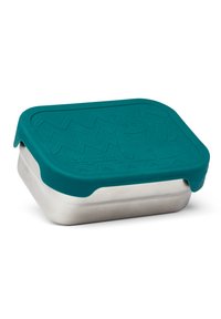 Contenitore in acciaio inossidabile con un coperchio in silicone teal che presenta un motivo a zigzag testurizzato e un design di mostro in stile cartone animato.