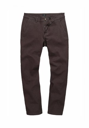 Casualowe spodnie w ciemnym brązie z zamkiem błyskawicznym i guzikiem z przodu, kieszeniami po bokach oraz szlufkami na pasek, rozłożone na płasko na białym tle.
