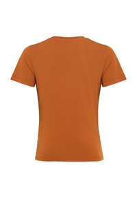 T-shirt a maniche corte in cotone arancione, con collo tondo classico e orlo dritto, con una piccola etichetta del marchio sul lato inferiore.
