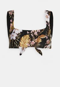 Top de bikini floral com decote quadrado, em tecido preto com estampados botânicos em rosa e dourado, e cordões laterais para ajuste.