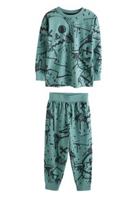 Ensemble de pyjama à manches longues en bleu sarcelle, avec des impressions graphiques noires de crânes et de formes abstraites. Le matériau est doux, avec des poignets et une ceinture côtelés.