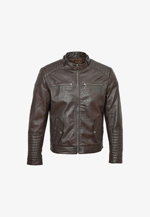 Braune Lederjacke mit hohem Kragen, gepolsterten Schulterakzenten, Brust- und Seitentaschen sowie einer glatten Textur. Reißverschluss.