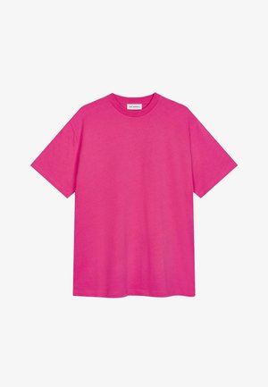 Tricou scurt cu mânecă scurtă de culoare roz aprins, fabricat dintr-un material moale. Prezintă un gât tip crew classic și o croială lejeră, fără modele sau accente vizibile.