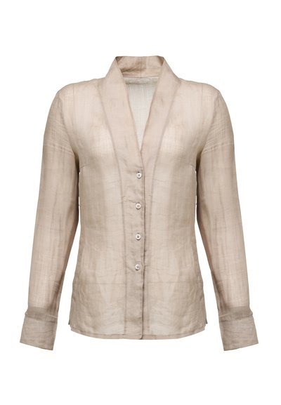 Camicia di lino beige con colletto, maniche lunghe e cinque bottoni frontali. Presenta una superficie leggermente texture e una vestibilità comoda.
